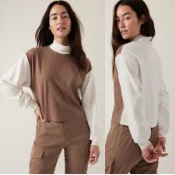 Athleta Venice Block Sweatshirt Shirt Beige Crop Funnel Neck Wicking UPF Sz S - Picture 2 of 10